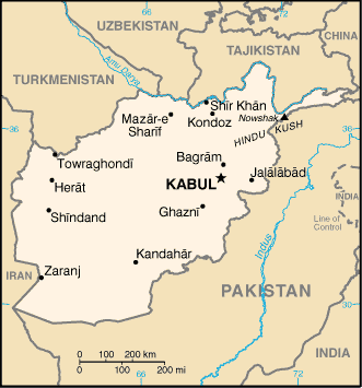 Cette carte d'Afghanistan fait partie du domaine public, soit parce que son auteur a renoncé à ses droits (copyright), soit parce que ses droits ont expiré. Elle est donc librement diffusable et/ou modifiable Image du CIA World Factbook